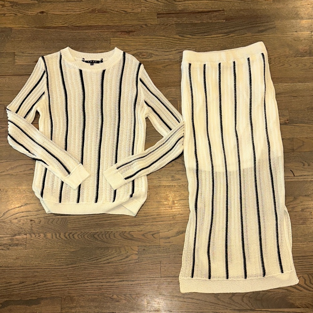 Cream and Black Striped Knit Sweater and Skirt Set